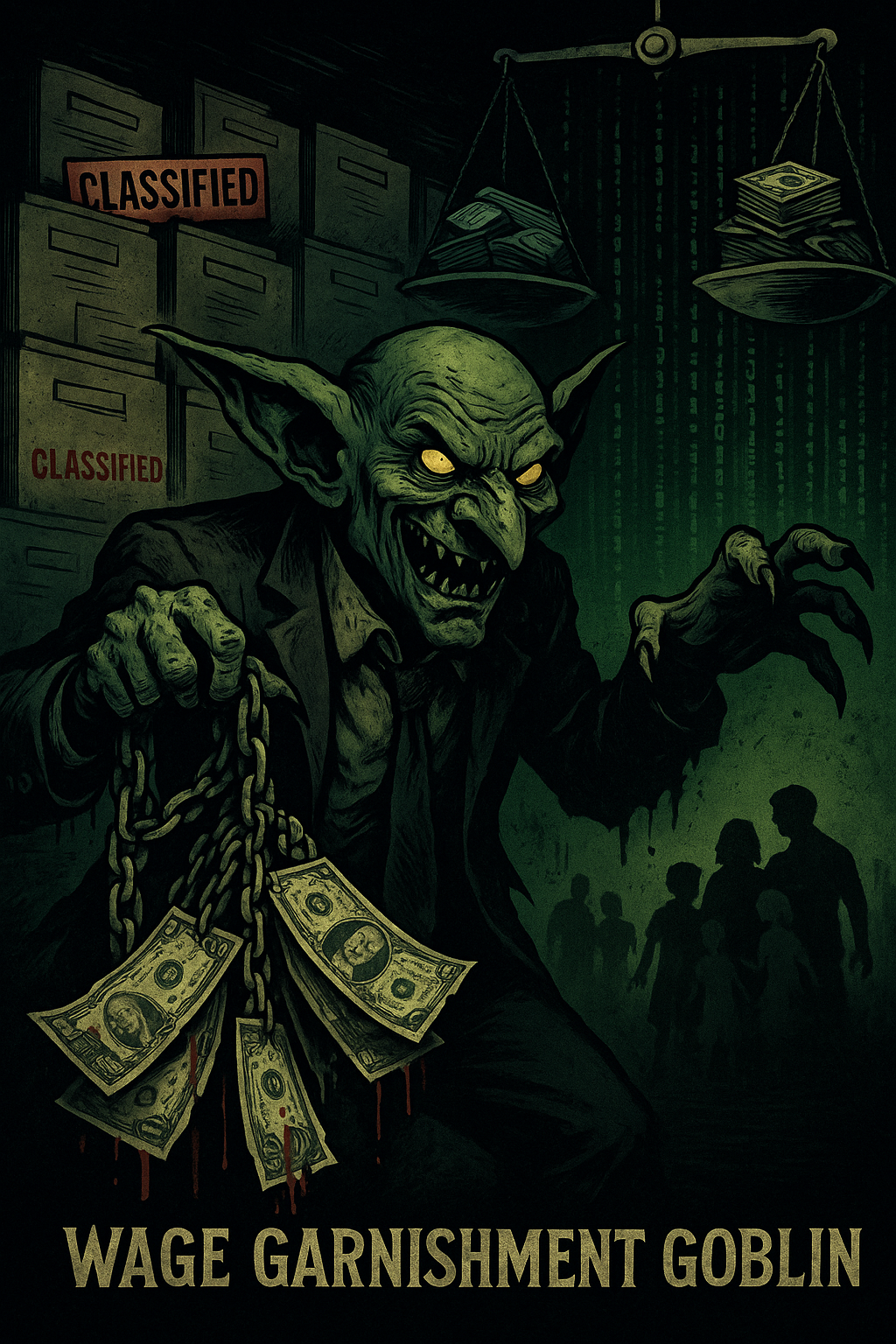 Dark comic-style illustration of the Wage Garnishment Goblin representing IRS wage garnishment and tax debt collection, created by The Tax Debt Detective Carlos Samaniego