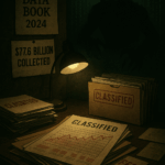 Classified IRS files on a desk with a shadowy goblin silhouette in the background, symbolizing wage garnishment and aggressive tax collection, illustrated for The Tax Debt Detective.
