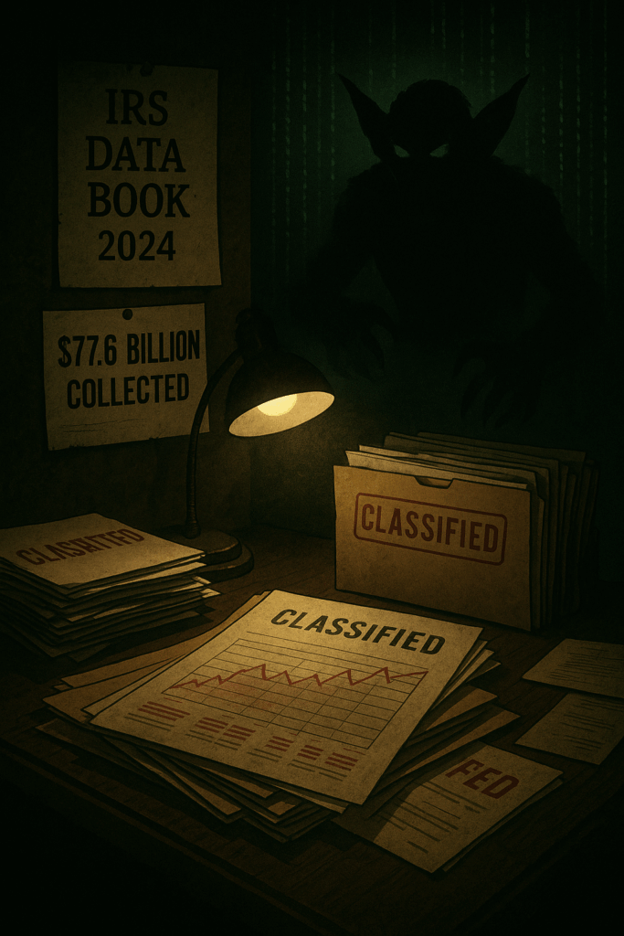 Classified IRS files on a desk with a shadowy goblin silhouette in the background, symbolizing wage garnishment and aggressive tax collection, illustrated for The Tax Debt Detective.
