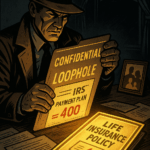 Noir-style illustration of a detective uncovering a confidential IRS loophole file, showing reduced IRS payment plan and glowing life insurance policy, symbolizing the life insurance loophole strategy by Carlos Samaniego, The Tax Debt Detective.