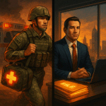 Split-scene illustration of an Army medic EMT with an AMR ambulance transitioning into a successful entrepreneur at a desk, symbolizing the journey from first responder to business owner