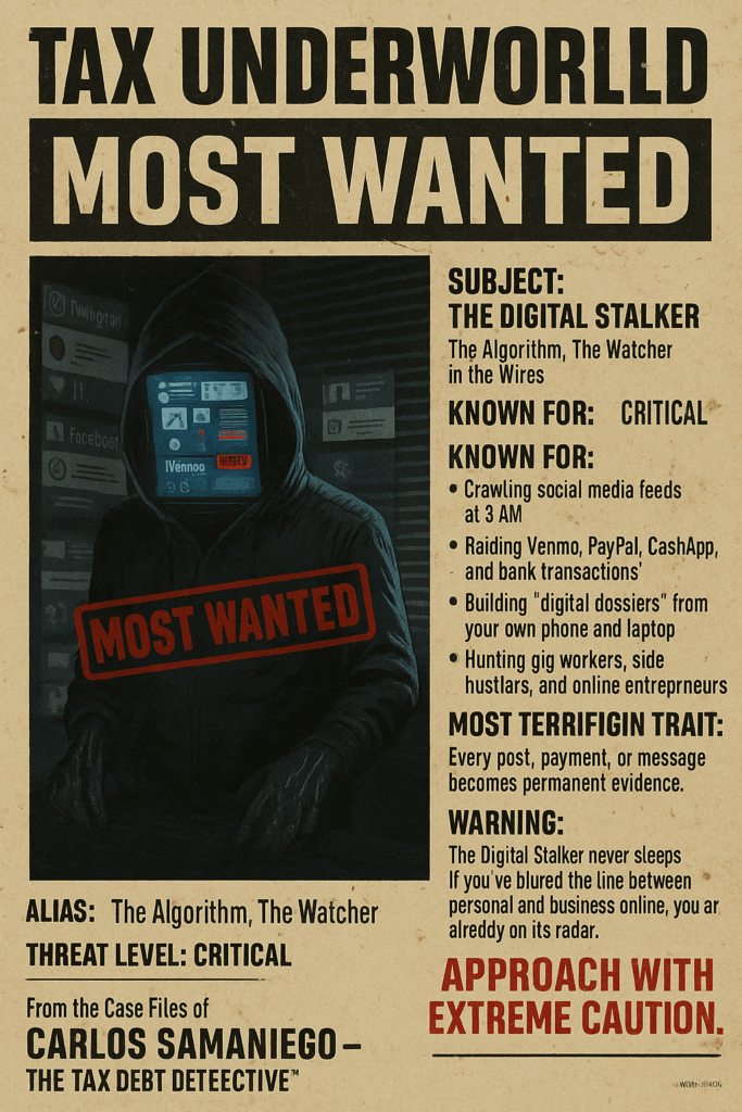Most Wanted poster of The Digital Stalker, a hooded AI villain with a glowing screen face showing social media feeds, representing IRS digital surveillance.
