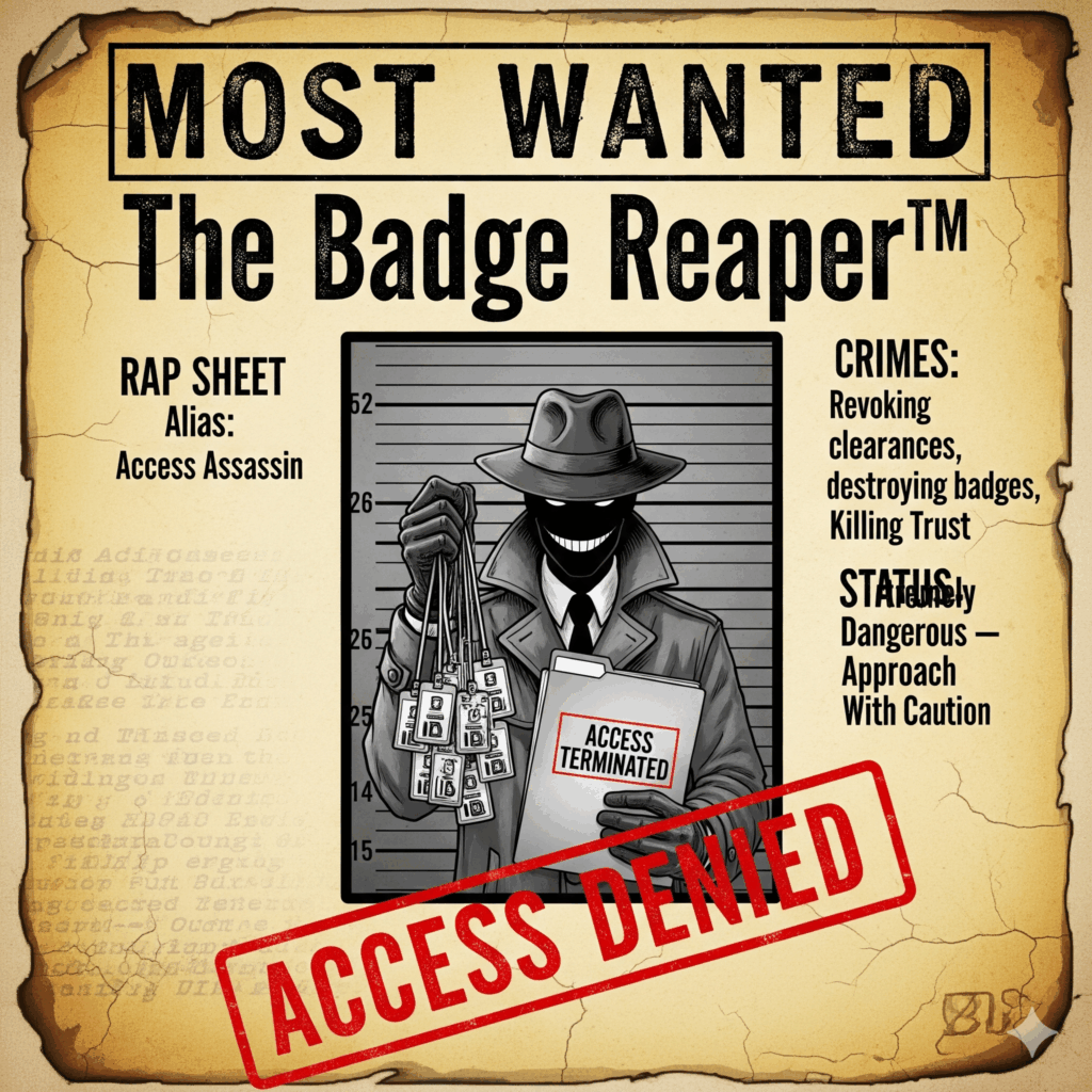 The Badge Reaper - shadowy figure in film noir style holding security clearance revocation documents, representing the villain that destroys federal employee careers through tax problems