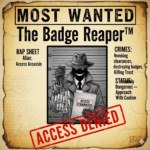 The Badge Reaper - shadowy figure in film noir style holding security clearance revocation documents, representing the villain that destroys federal employee careers through tax problems
