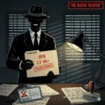 "The Badge Reaper™ villain in comic noir style, grinning in shadows while holding a folder stamped Security Clearance Revoked inside a government office.